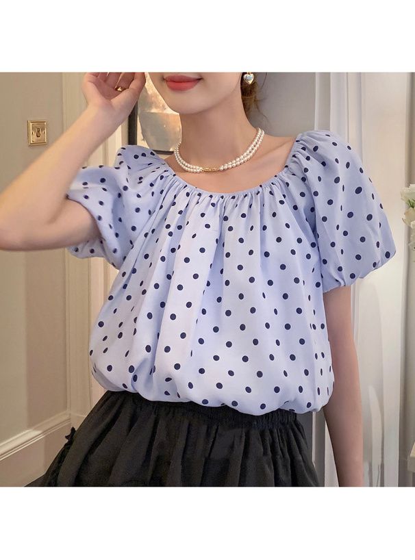 日本 GRL - 可愛泡泡袖點點短版上衣-淺米杏 (M)