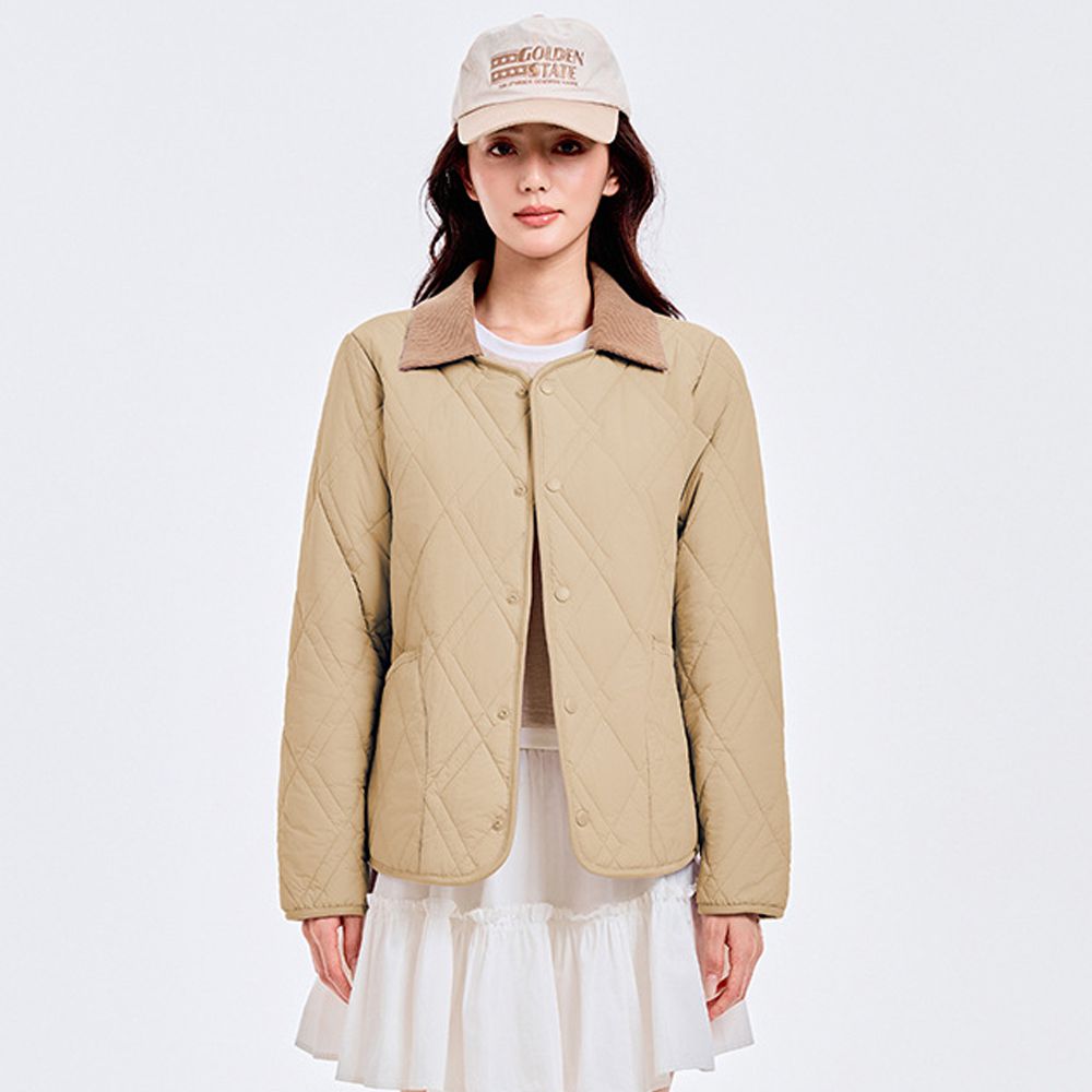 輕暖 2WAY可拆式翻領 羊毛鋪棉絎縫外套-女款-摩卡