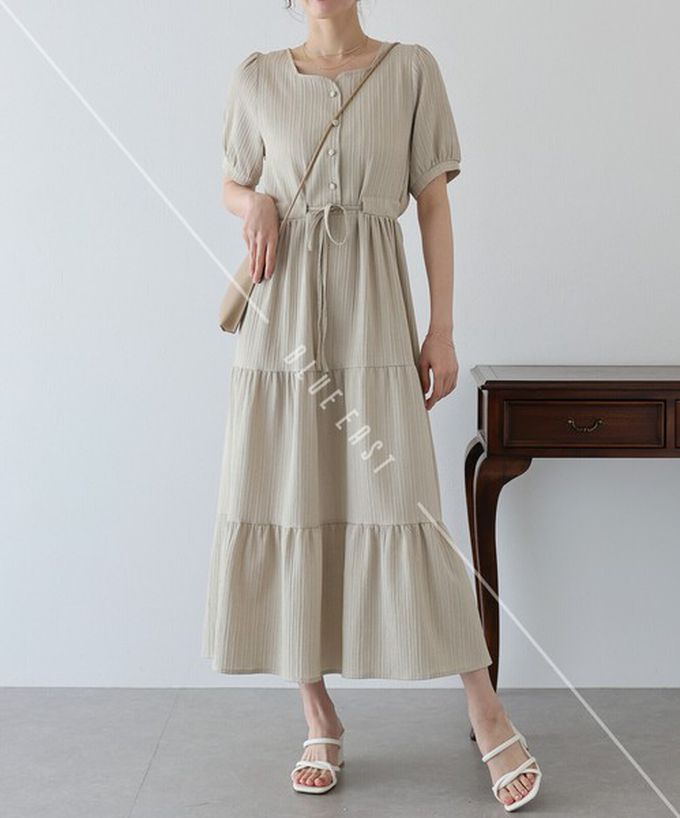 日本 BLUE EAST - 桃心領氣質分層短袖洋裝-海軍藍 ((長版))