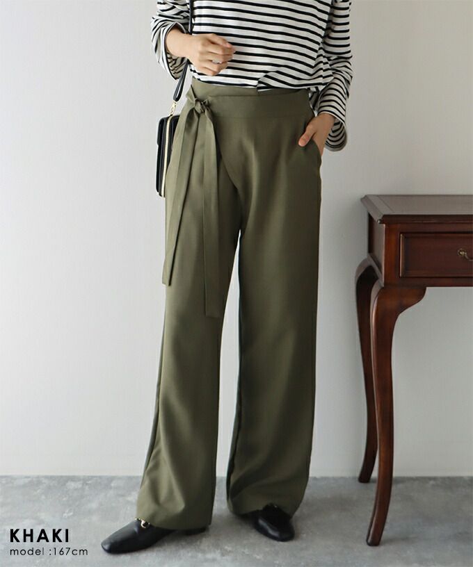 日本 BLUE EAST - 綁帶裝飾垂墜西裝長褲-軍綠