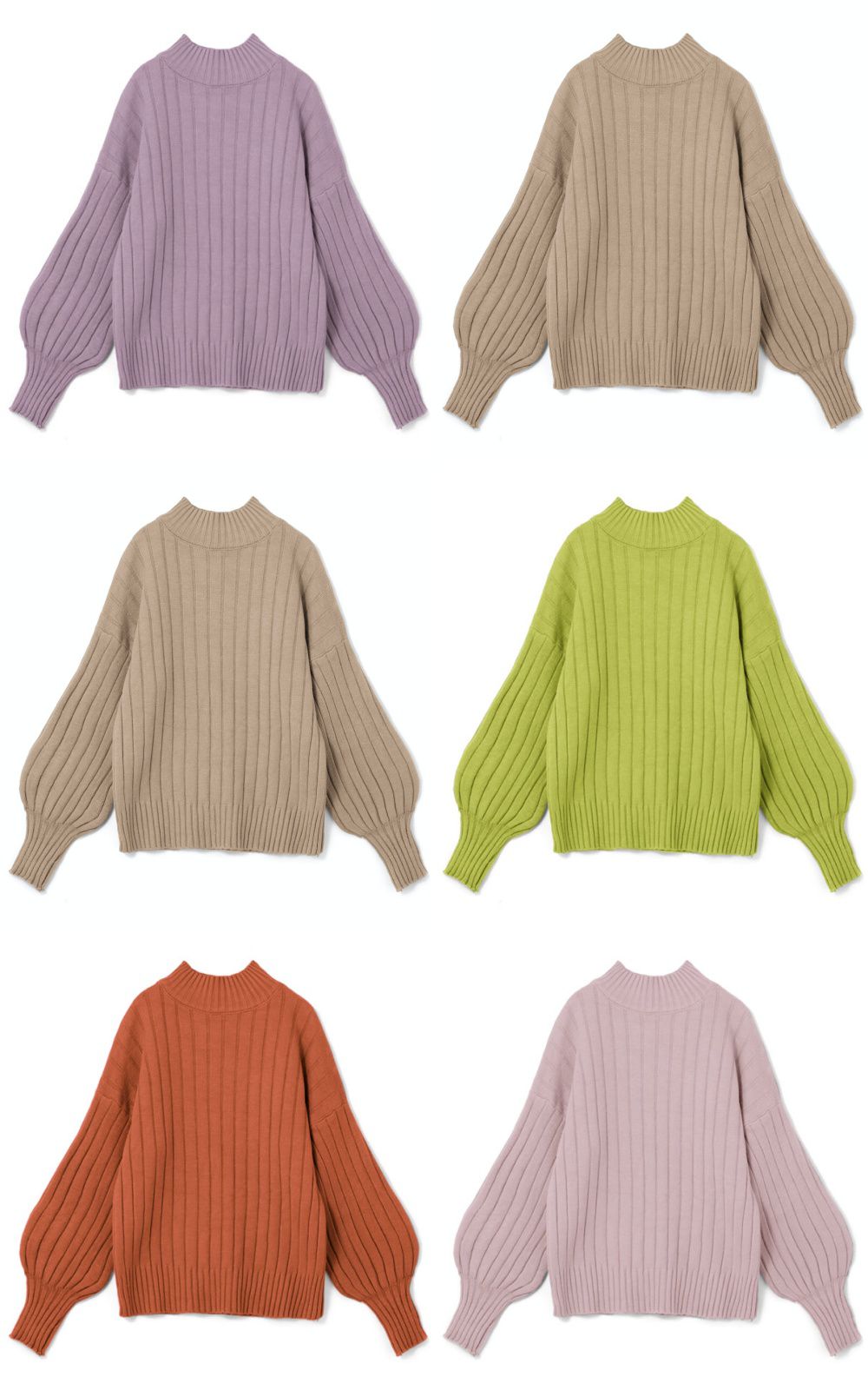 日本 GRL - 坑條紋澎袖小高領針織毛衣-灰粉