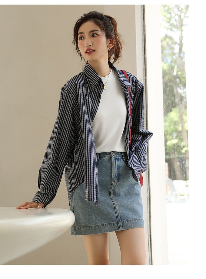 圓領寬鬆素色長袖上衣-紫色 (F)