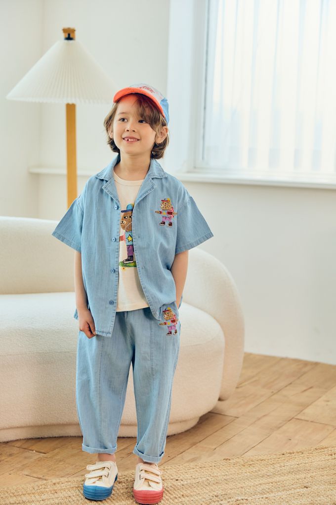 韓國 Mimico - 帥氣小熊印牛仔襯衫-淺藍