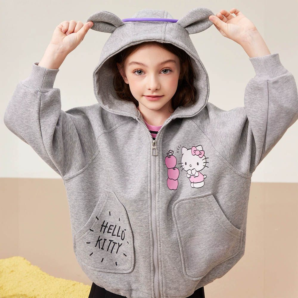 立體耳朵連帽休閒外套-卡通人物Hello Kitty-灰色