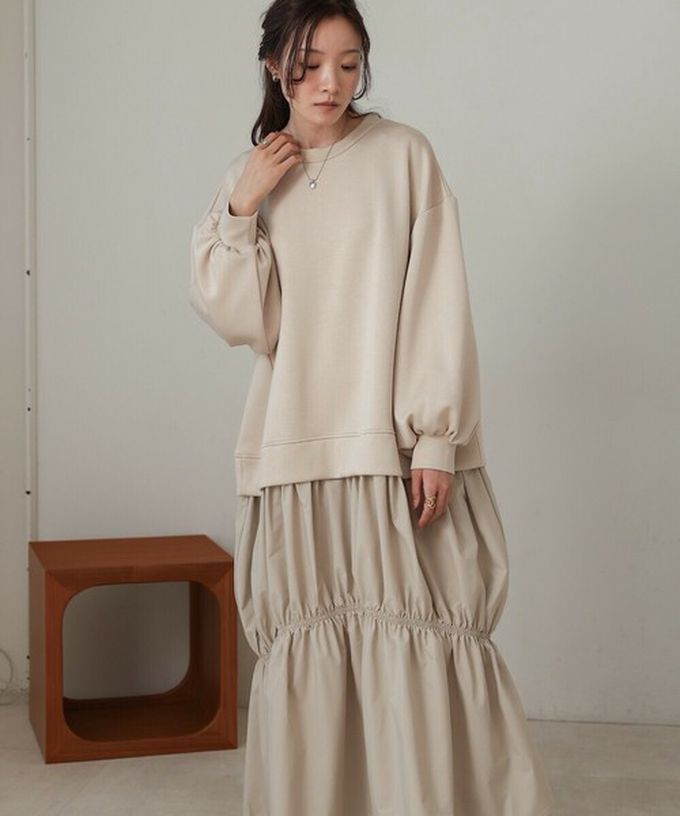 日本 Bab - 柔美造型皺摺拼接長袖洋裝-淺杏