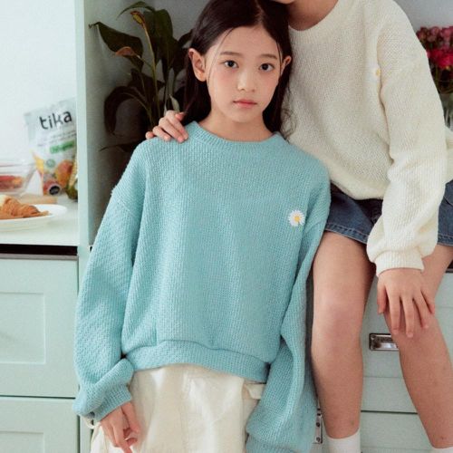 韓國 sm2 - 小雛菊刺繡裝飾針織長袖上衣-薄荷藍綠
