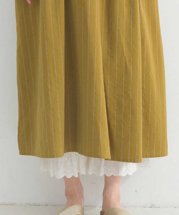 日本 Lupilien - [人氣款]亞麻混紡條紋拼接短袖洋裝-芥末黃