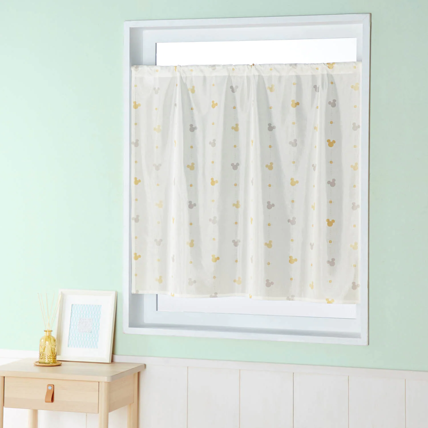 日本千趣會 - 迪士尼 遮光隔熱小窗簾-米奇點點-米灰色系