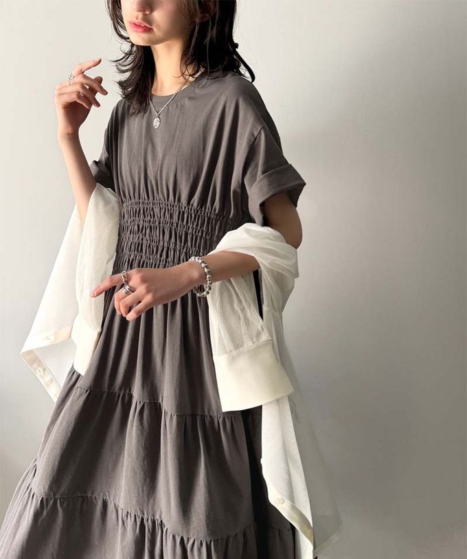 日本 Classical Elf - 100%棉 圓領美型縮腰分層短袖洋裝-淺米棕