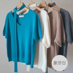 韓國女裝連線 - 繞頸繫帶設計感混羊毛短袖針織衫-象牙白 (FREE)