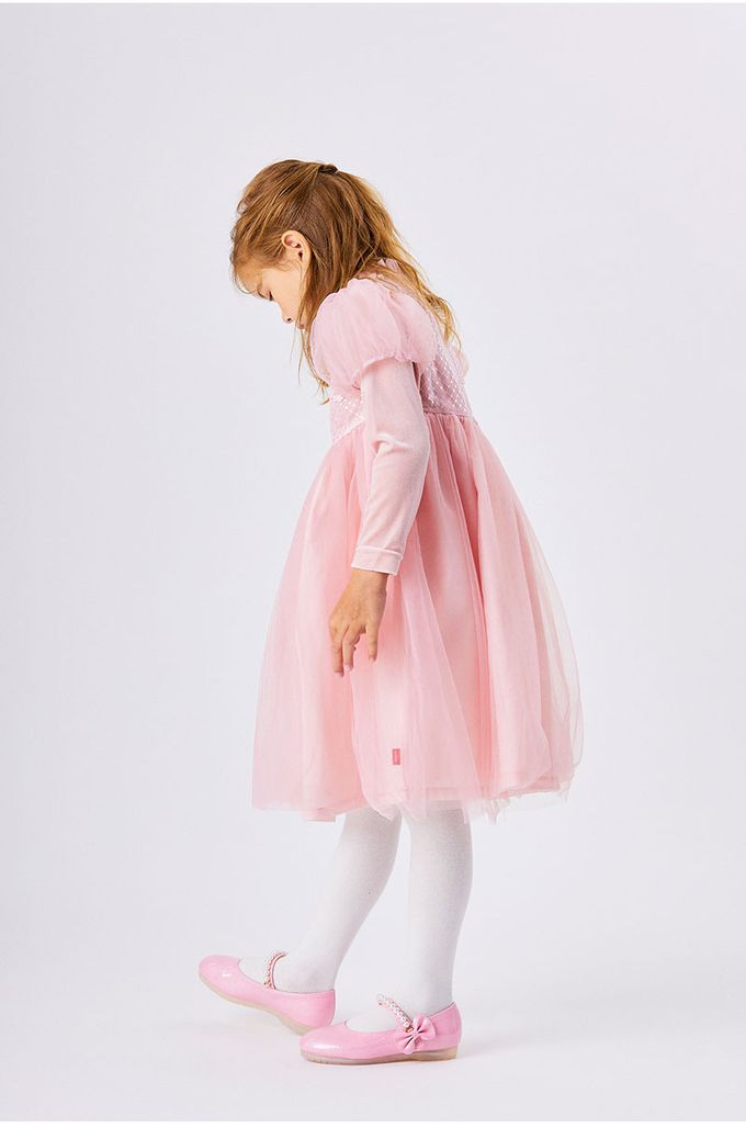 韓國 OZKIZ - 花朵亮片點綴網紗公主袖洋裝-粉