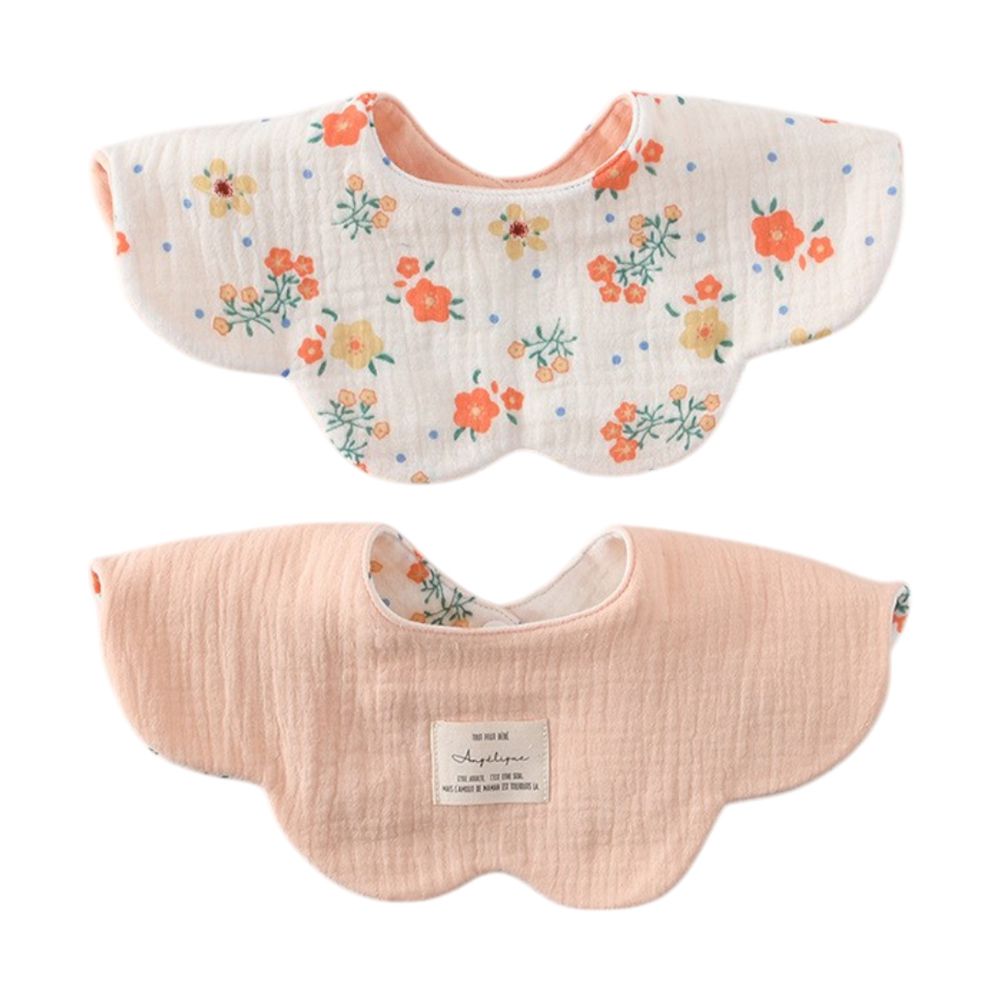 2條入-六層紗吸水圍兜 花型圍兜 兩面皆可用 純棉-浪漫花/韓粉+隨機1條 (24.5*25cm)