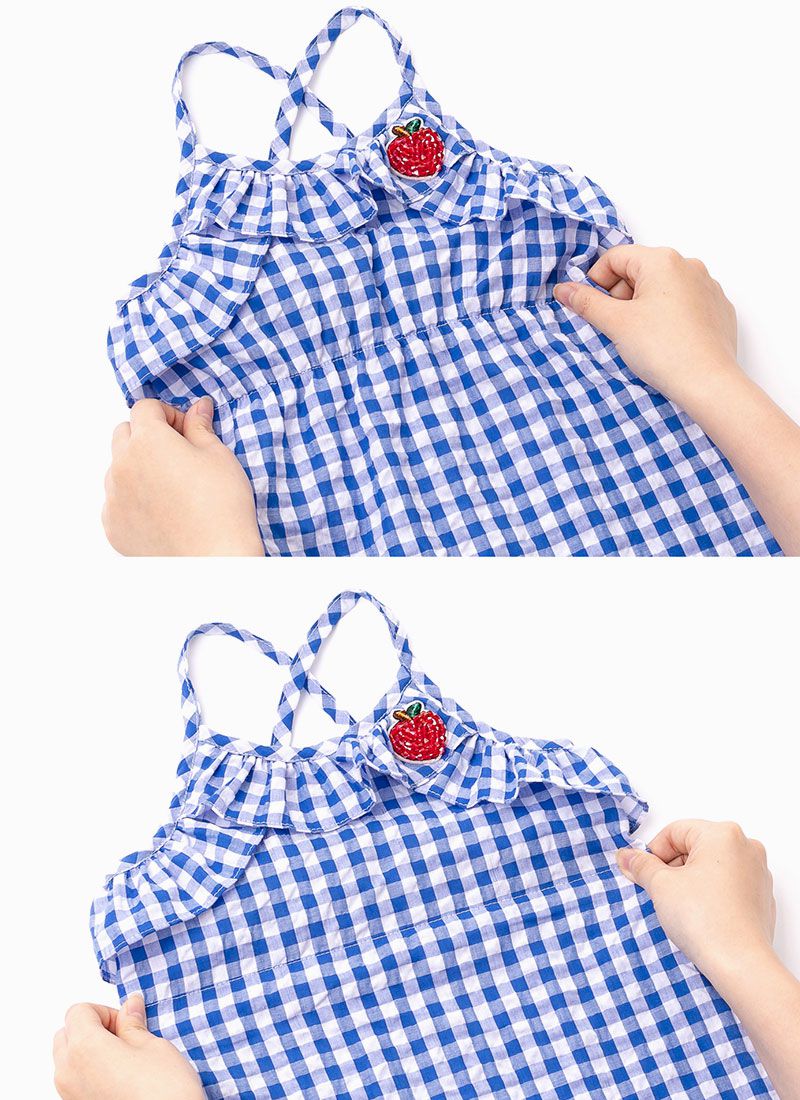 韓國 OZKIZ - 皺褶感格子細肩帶洋裝-藍