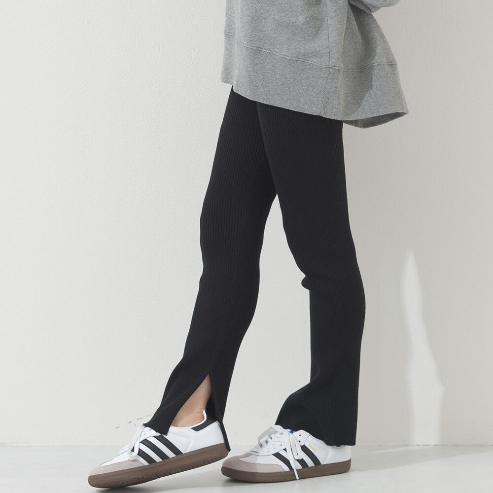 美腿羅紋側開叉合身長褲/打底褲-黑