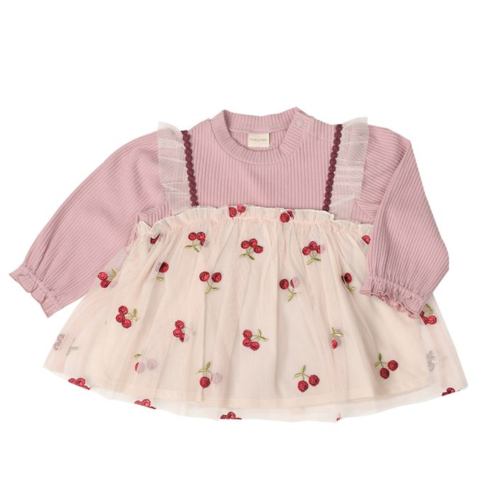 akachan honpo - 長袖假兩件休閒上衣-刺繍-粉紅色