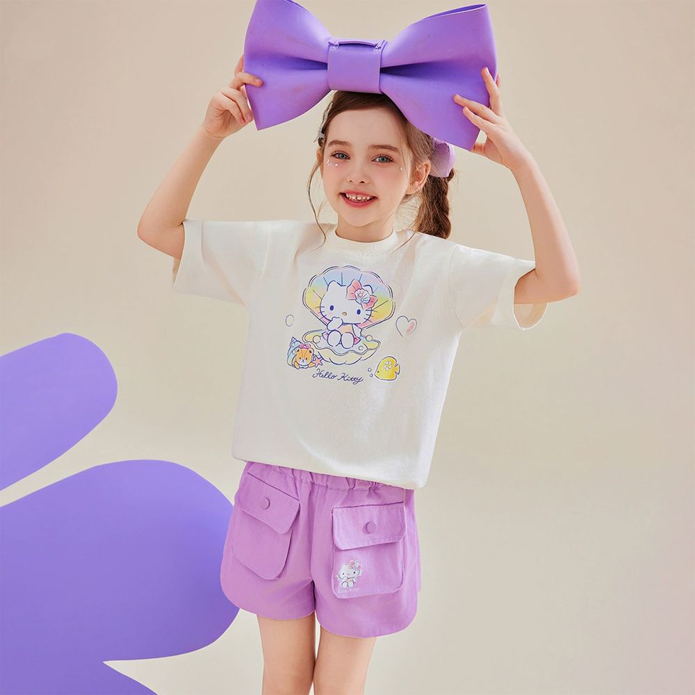 純棉短袖上衣+造型口袋短褲套裝-卡通人物Hello Kitty-紫色