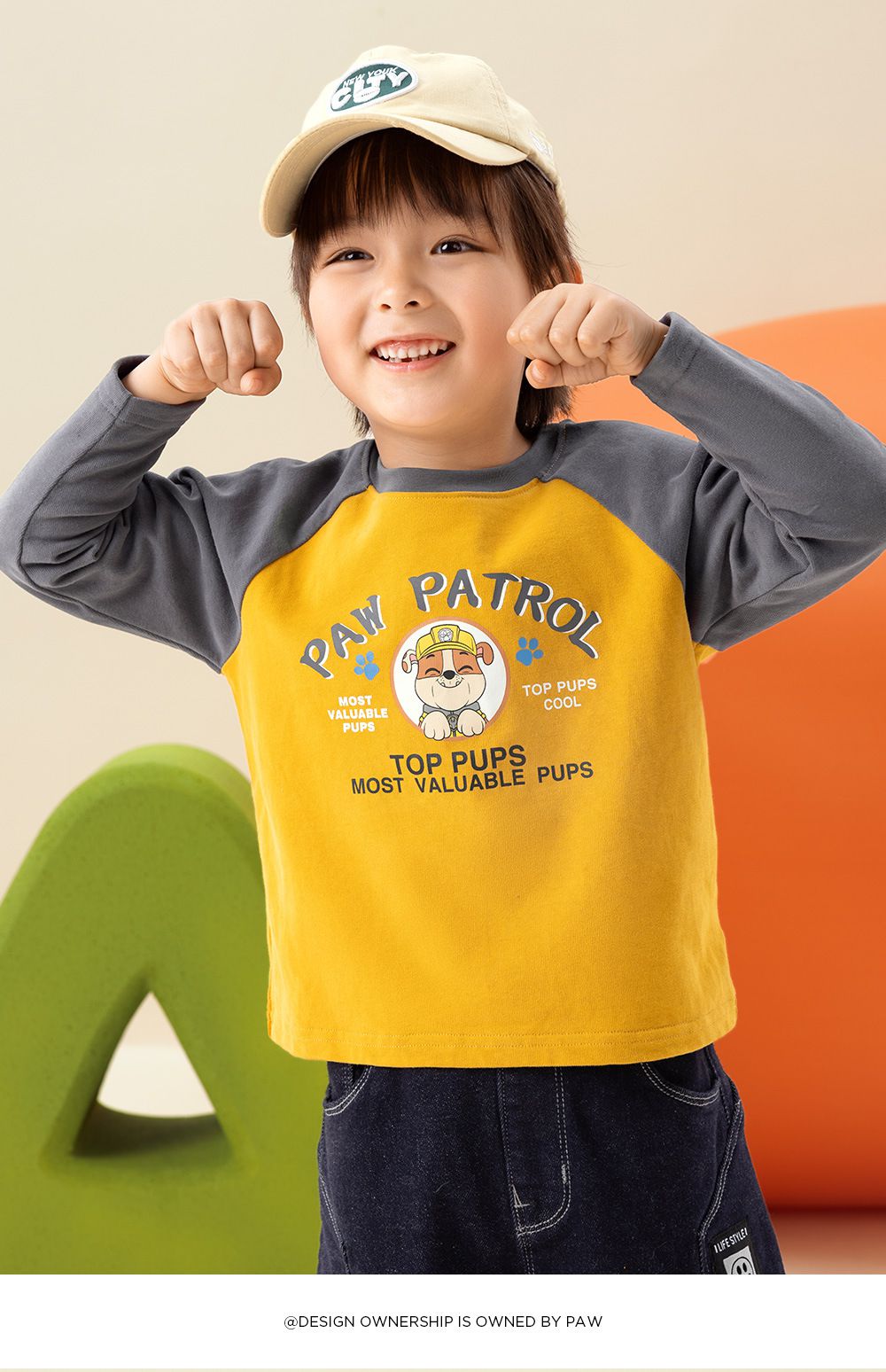 卡通汪汪隊純棉圓領長袖上衣-卡通人物小礫-黃+灰