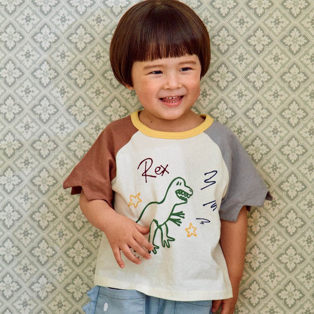 恐龍塗鴉撞色鋸齒袖上衣-奶白