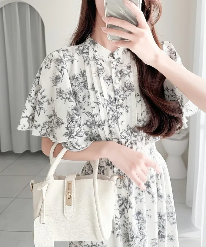 日本 Classical Elf - 優雅質感荷葉袖碎花洋裝-冰河藍