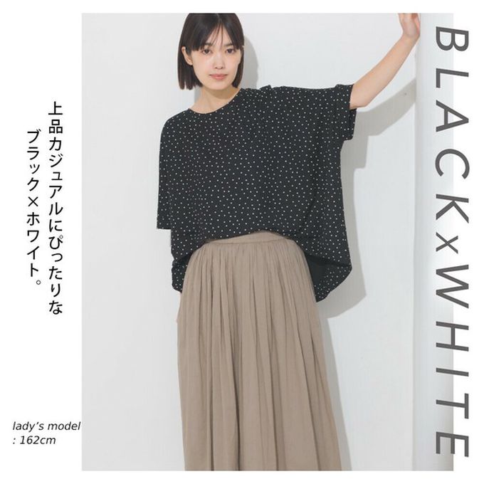 日本 OMNES - 接觸涼感 嫘縈寬鬆短袖上衣-黑底白點
