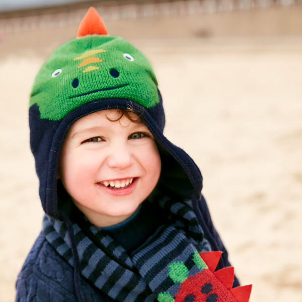 英國 JoJo Maman BeBe - 保暖舒適羊毛帽-綠恐龍