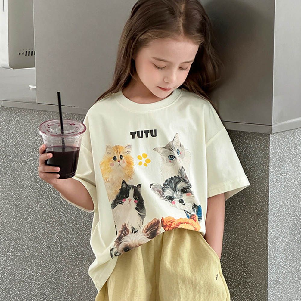 涼感圓領落肩短袖上衣/T恤-貓狗彩繪-黃杏色