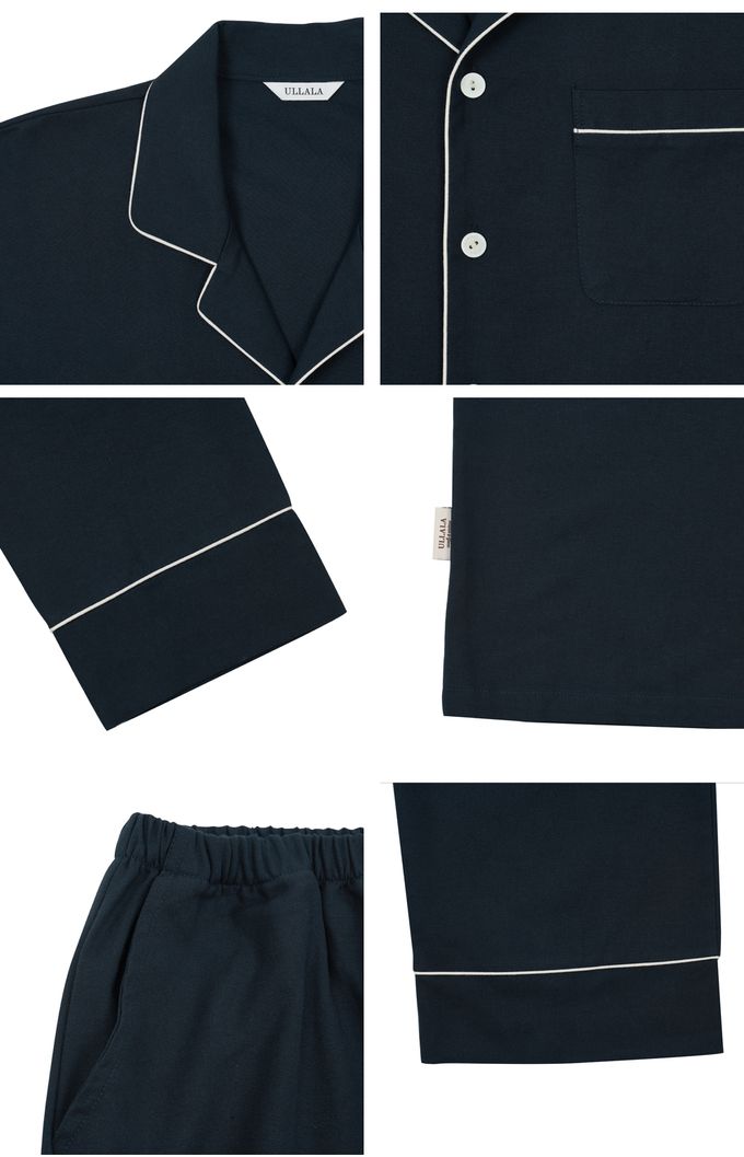 韓國 ULLALA - (情侶款)質感純色長袖睡衣套裝-男款-深藍 (FREE)