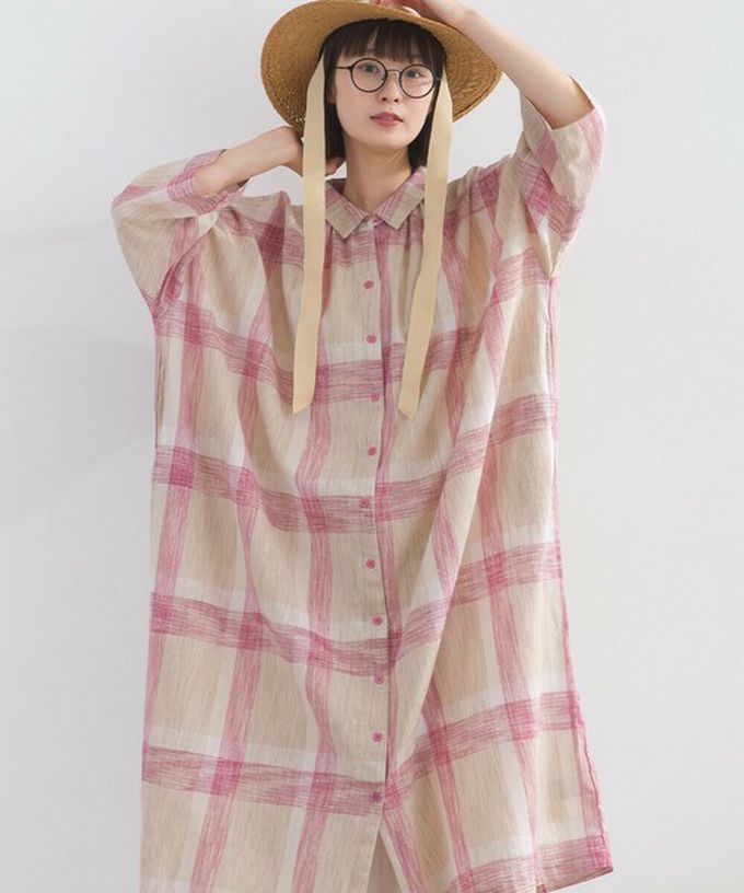 日本 Lupilien - 休閒率性格紋七分袖襯衫洋裝-粉紅x卡其