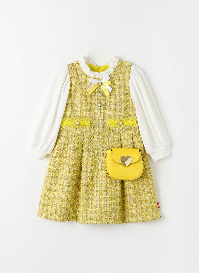 韓國 OZKIZ - (附包包)編織拼接感連身洋裝-黃