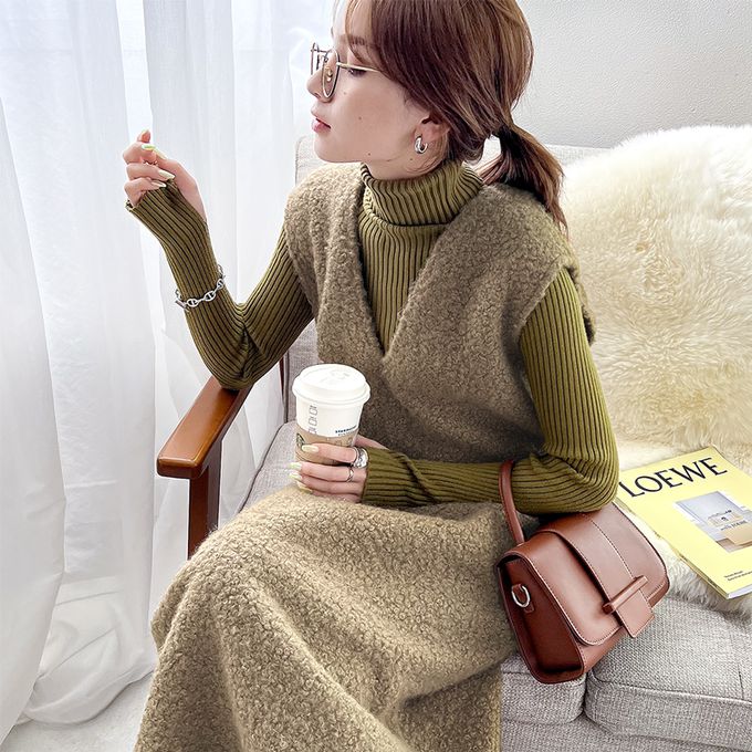 日本 Classical Elf - 毛茸茸修身V領背心裙-摩卡