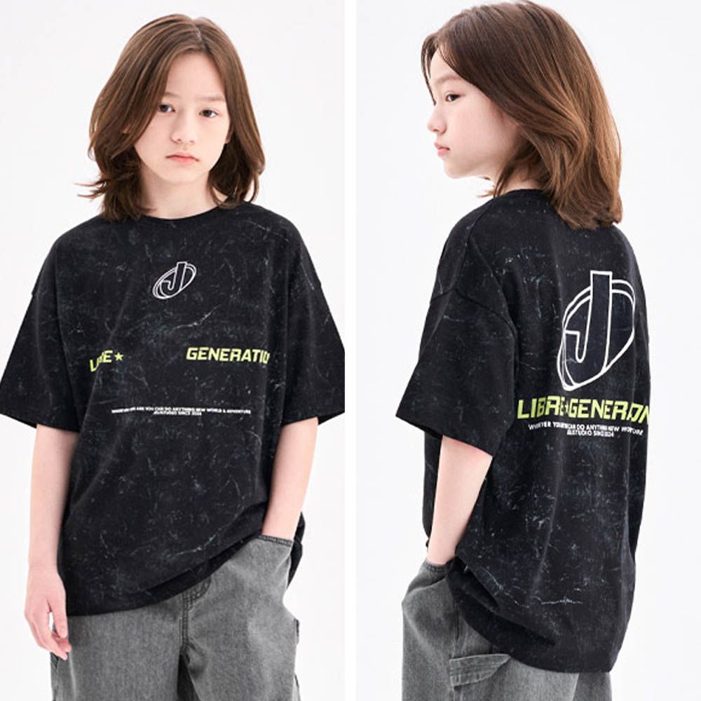 摩登斑駁印染風純棉短袖上衣-黑灰