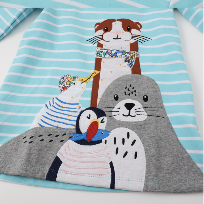 love, charlotte - 海洋動物貼布繡連帽全棉長袖洋裝