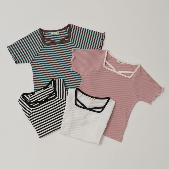 日本 Lycee mine - 小甜心線條領口短袖上衣-條紋-黑白