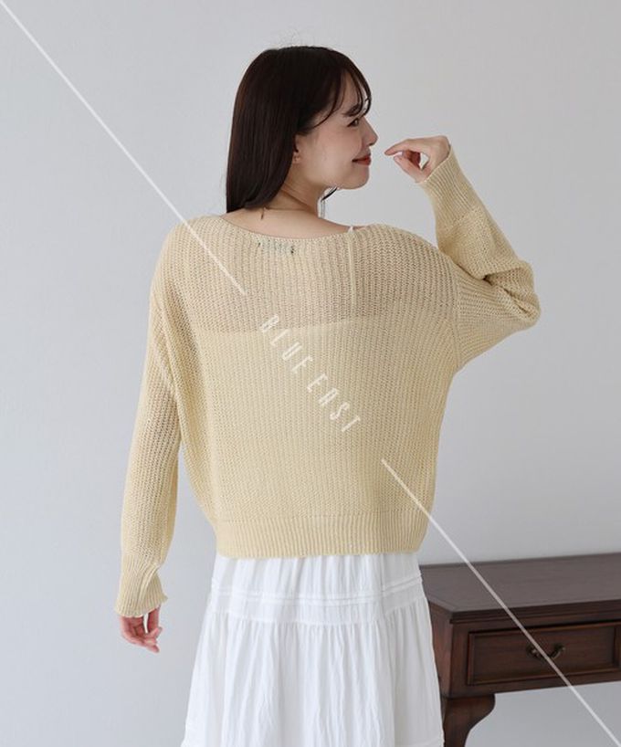 日本 BLUE EAST - 典雅船領閃爍亮片網眼針織上衣-米黃