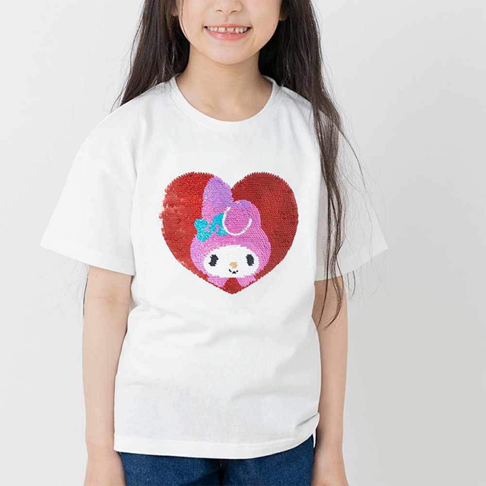 100%棉 可愛聯名立體印花短袖上衣-愛心亮片造型-白