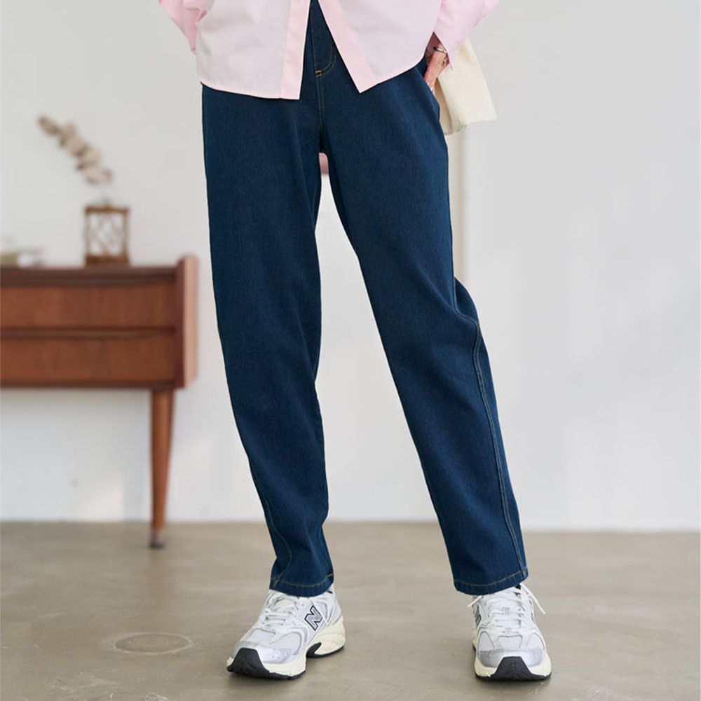 素肌感覺 全腰鬆緊彈性直筒丹寧褲-(可選長度)-深藍