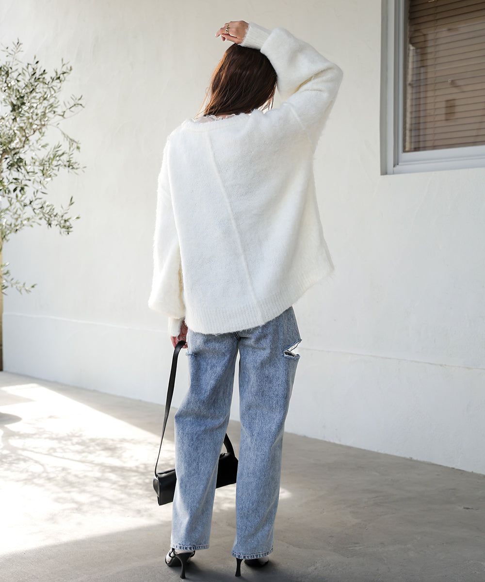 日本 Bab - 澎袖毛海溫柔廓形針織上衣-淺灰