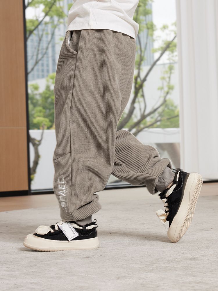 燈芯絨腰鬆緊休閒保暖束口長褲-SPAEC-奶咖啡色
