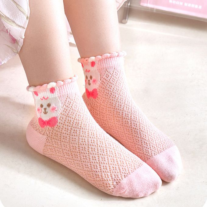 love, charlotte - 粉紅花朵兔兔網眼短筒棉襪 (XL (腳長19-21cm))-5 雙一組