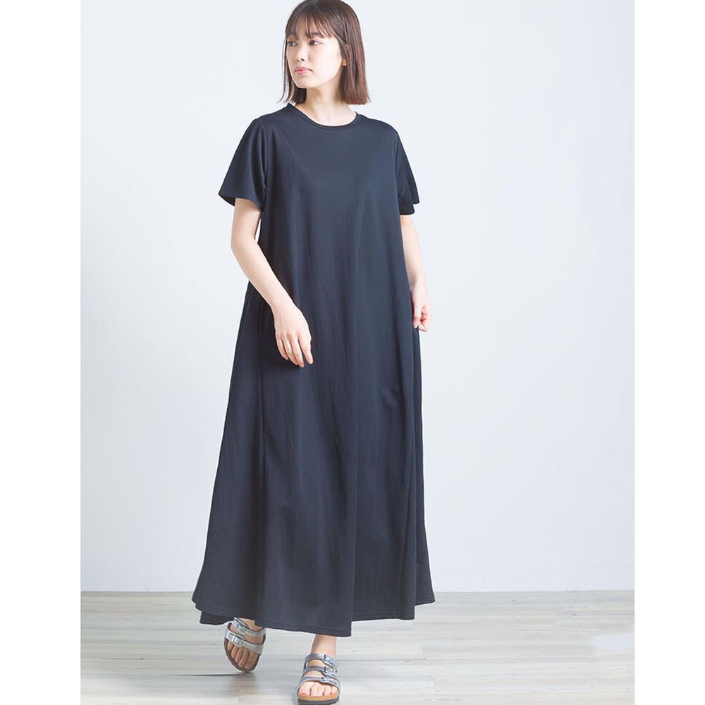 日本 OMNES - 接觸涼感 嫘縈圓領短袖洋裝-簡約黑
