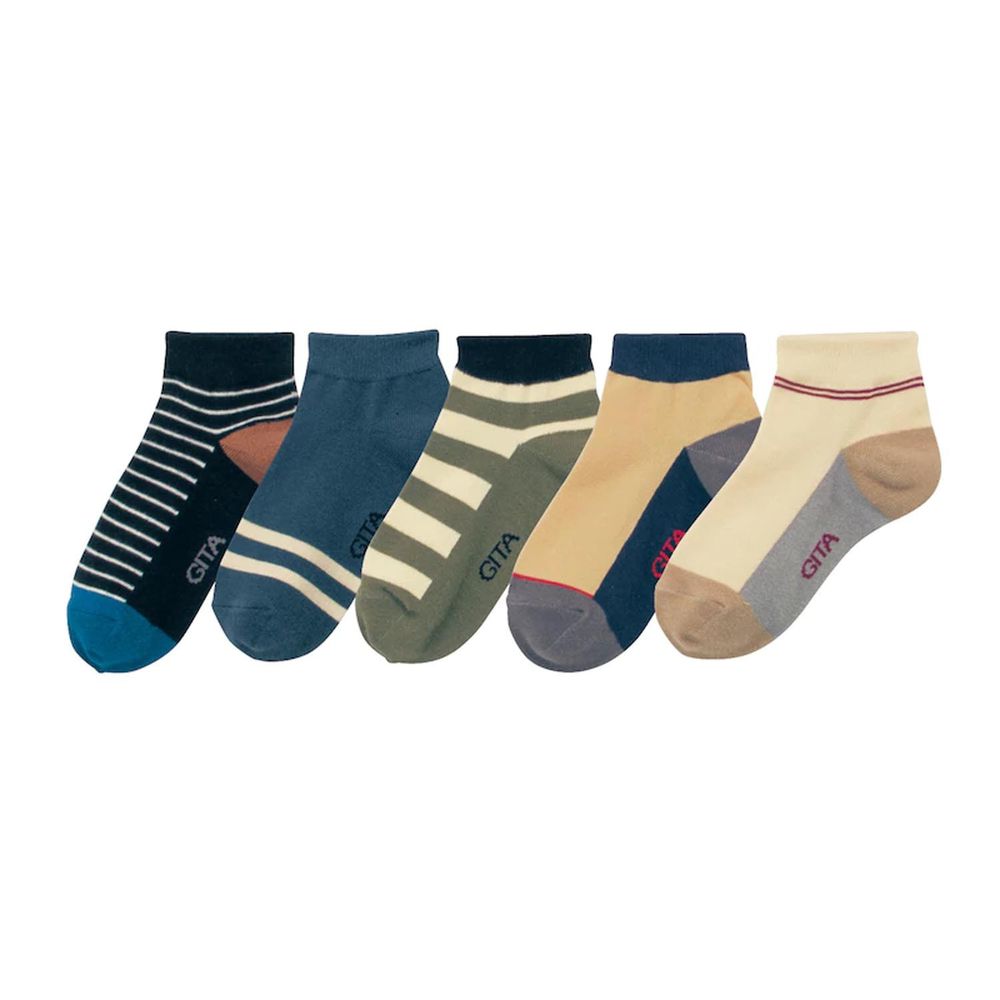 日本千趣會 - GITA 超值短筒襪五件組(鞋底深色設計)-條紋-深藍綠杏