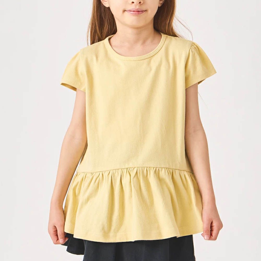100%棉 層次荷葉衣襬短袖上衣-素面-黃