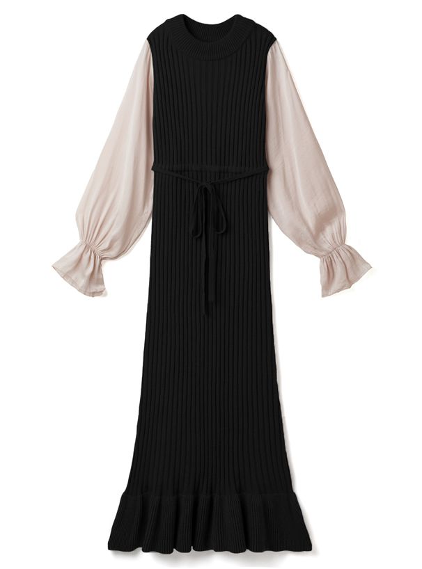 日本 GRL - 異材質拼接雪紡袖針織長洋裝-摩卡