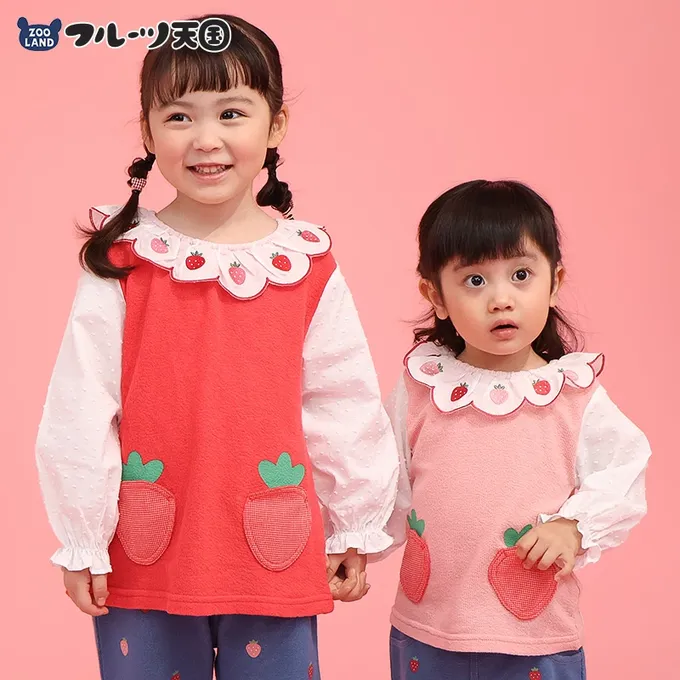 日本 ZOOLAND - 水果樂園 甜心草莓荷葉領長袖上衣-粉紅