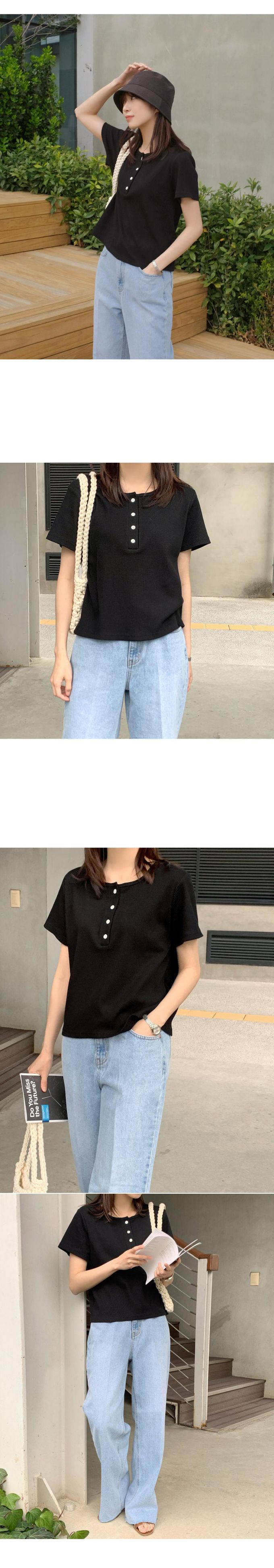 韓國 98doci - 經典直紋鈕扣短袖上衣-黑