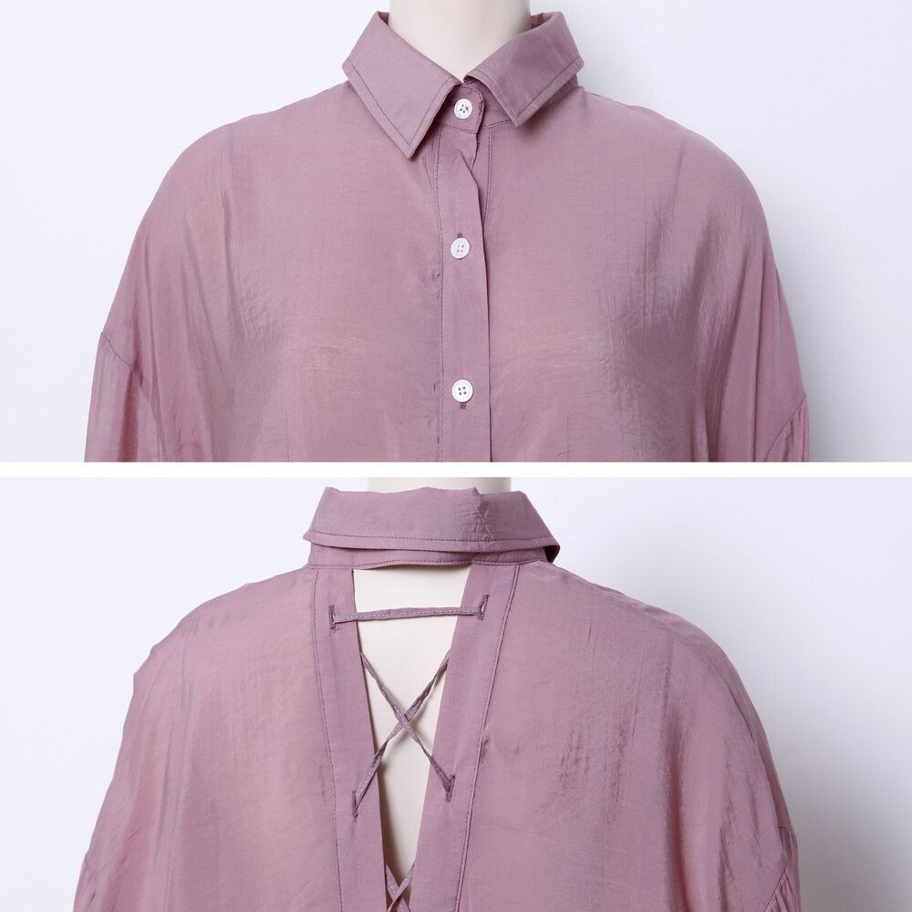 日本女裝代購 - 蝴蝶結綁帶露背薄透長袖襯衫-象牙白