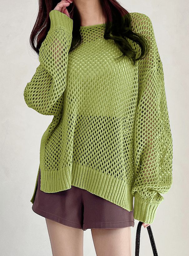 日本 GRL - 時尚鉤針洞洞罩衫/上衣-黃 (F)