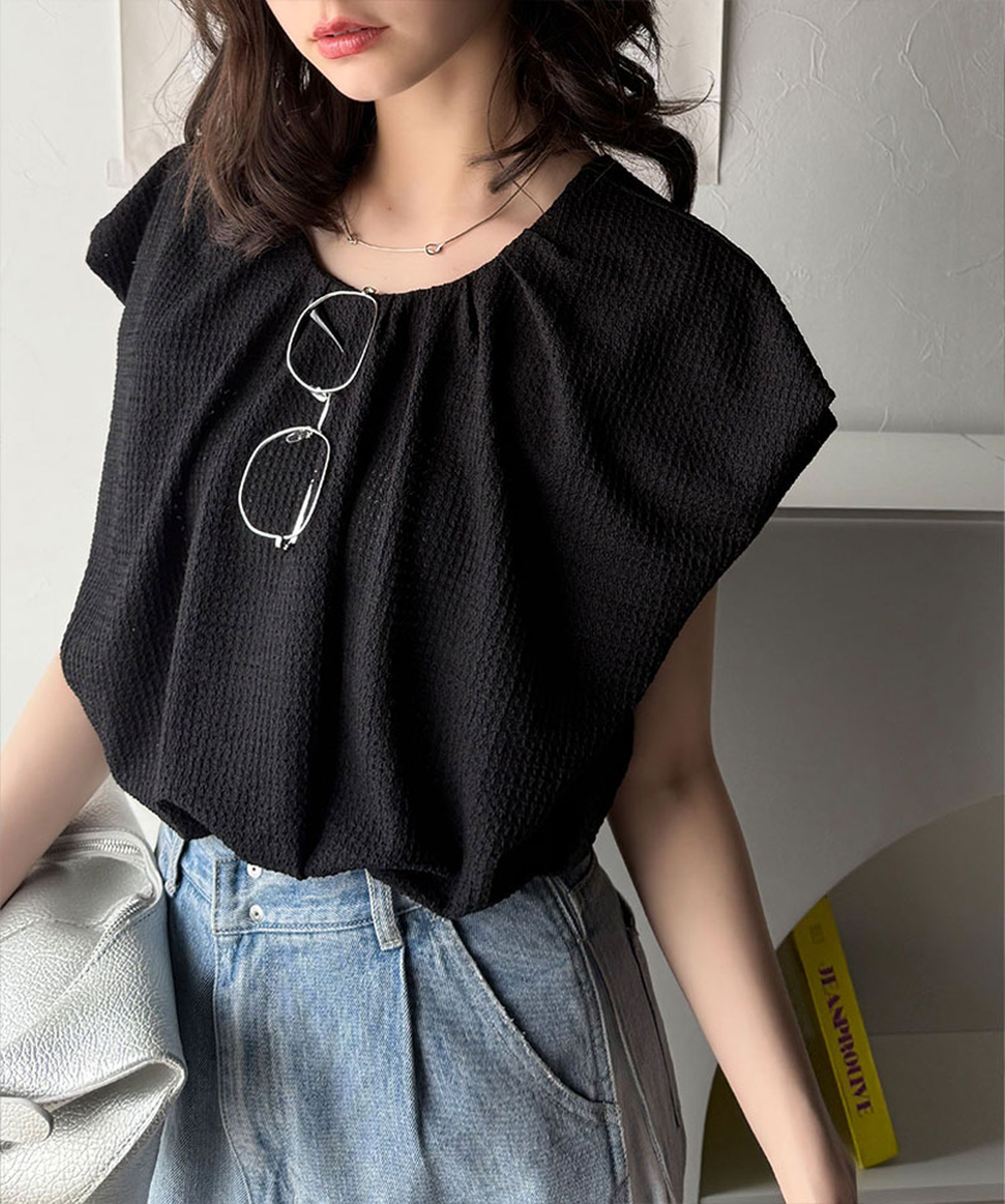 前後2way甜美摺邊紋理短袖上衣-黑