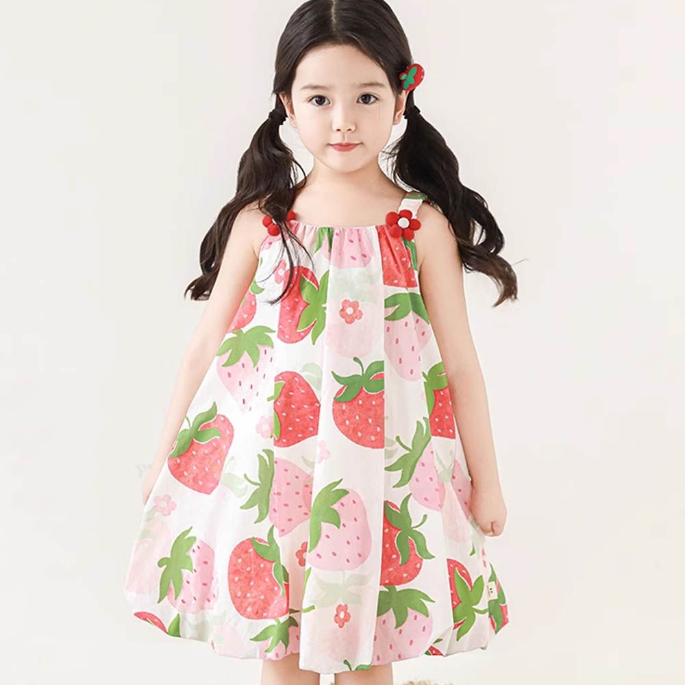 純棉立體手縫小花無袖洋裝-草莓-米杏