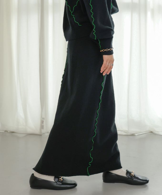 日本 Bab - 不規則狀色滾邊修身長裙-灰x深藍